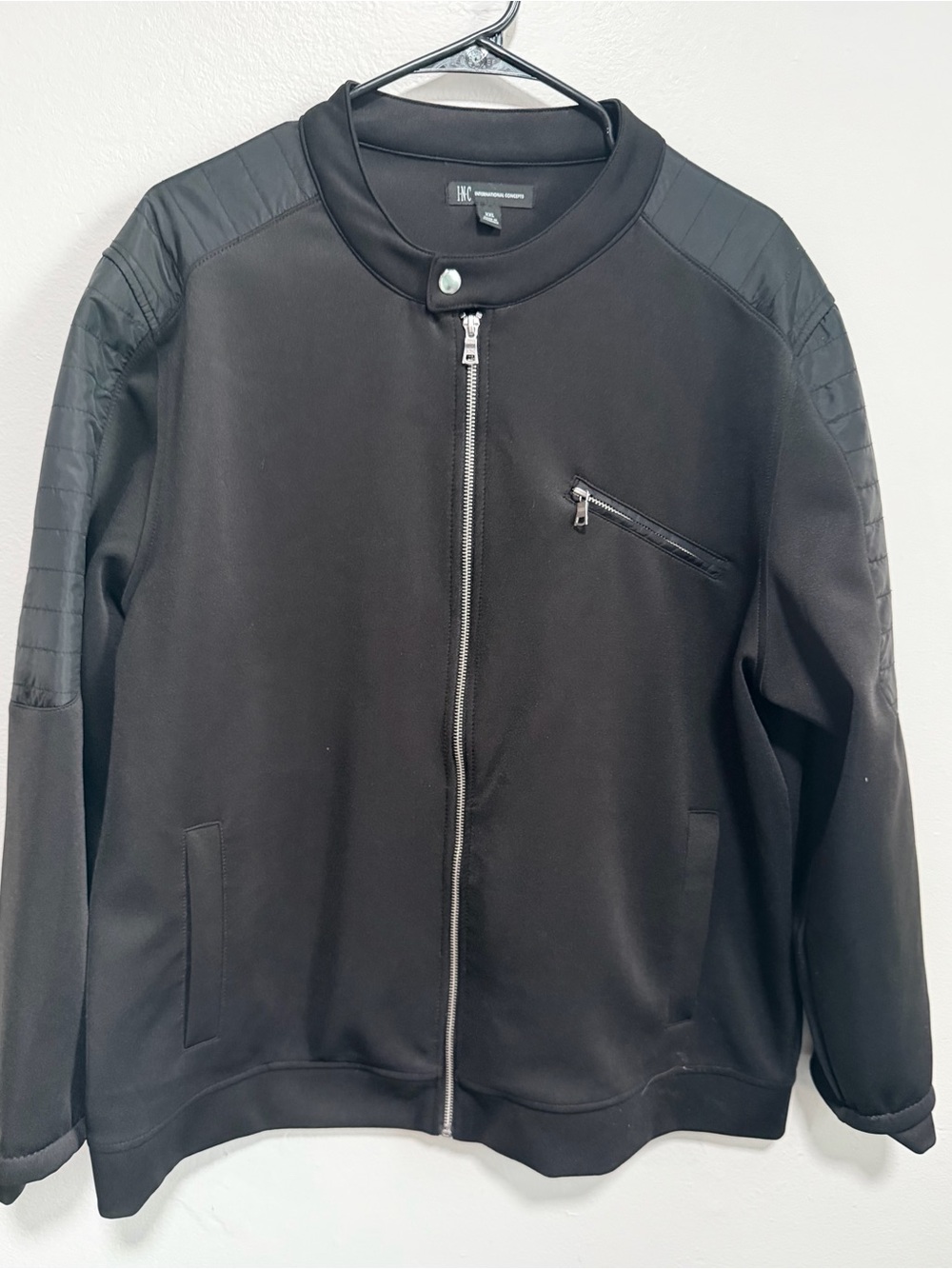 INC International Concepts Black Quilted-Shoulder Bomber Jacket